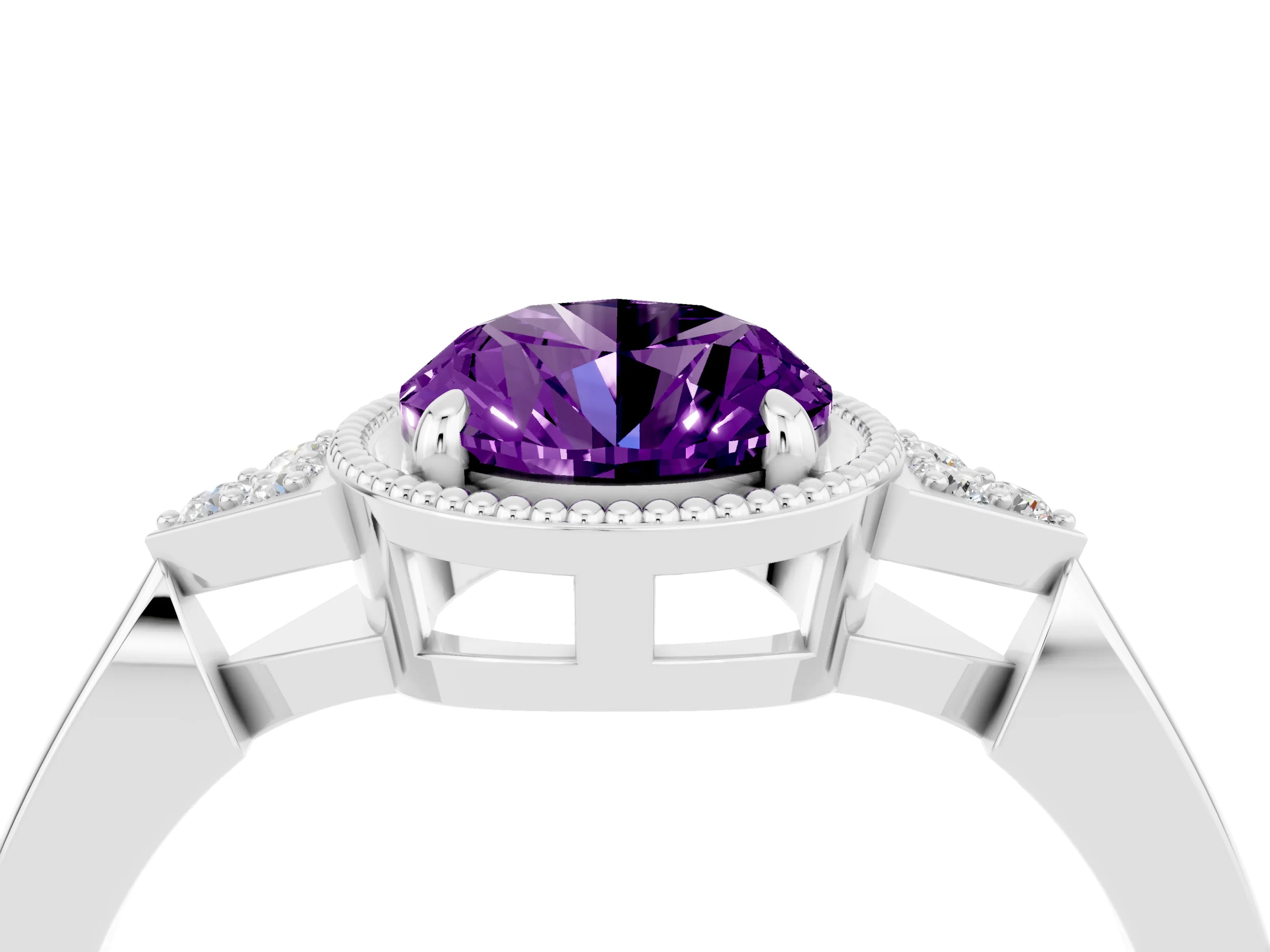 White gold Oval Cut Amethyst Halo Ring with Tapered Band and Four-Prong Setting_4