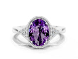 White gold Oval Cut Amethyst Halo Ring with Tapered Band and Four-Prong Setting