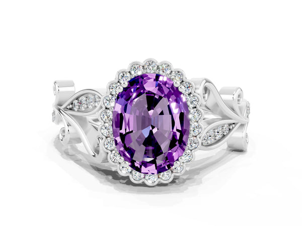 White gold Oval Cut Amethyst Halo Ring with Vintage Split Shank and Four-Prong Setting
