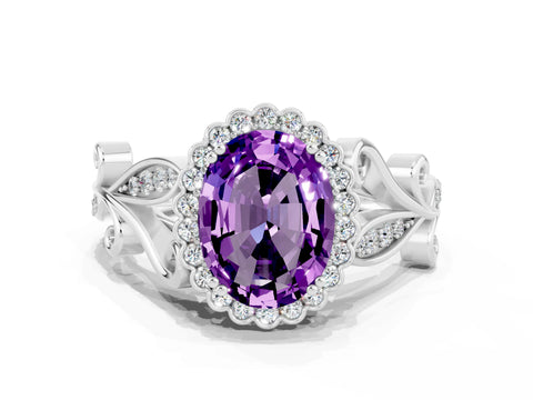 White gold Oval Cut Amethyst Halo Ring with Vintage Split Shank and Four-Prong Setting_24
