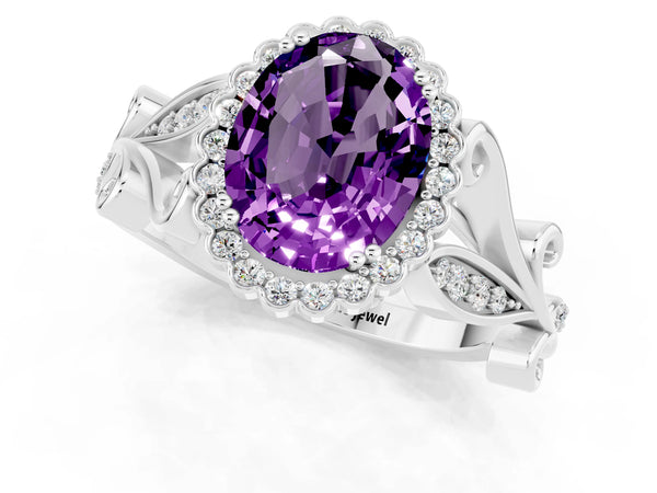 White gold Oval Cut Amethyst Halo Ring with Vintage Split Shank and Four-Prong Setting