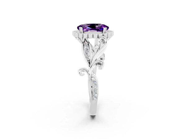 Platinum Oval Cut Amethyst Halo Ring with Vintage Split Shank and Four-Prong Setting
