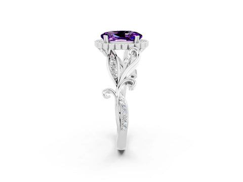 White gold Oval Cut Amethyst Halo Ring with Vintage Split Shank and Four-Prong Setting_26
