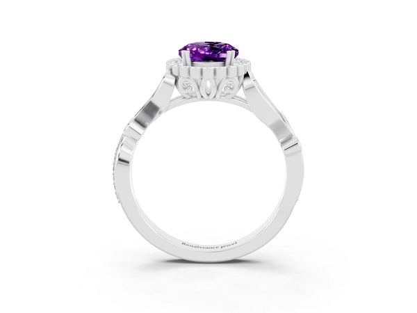 Silver Oval Cut Amethyst Halo Ring with Vintage Split Shank and Four-Prong Setting
