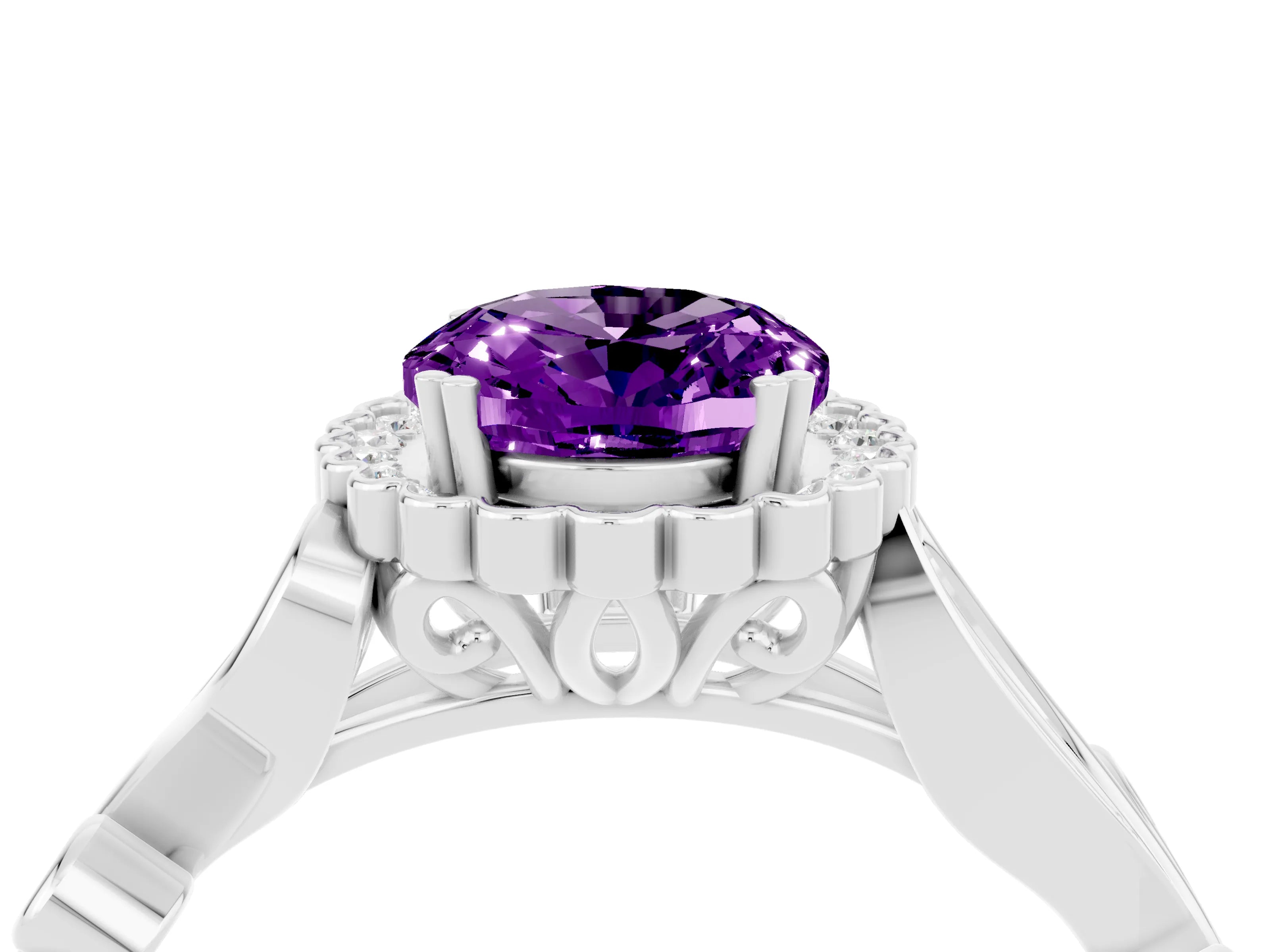 White gold Oval Cut Amethyst Halo Ring with Vintage Split Shank and Four-Prong Setting_28