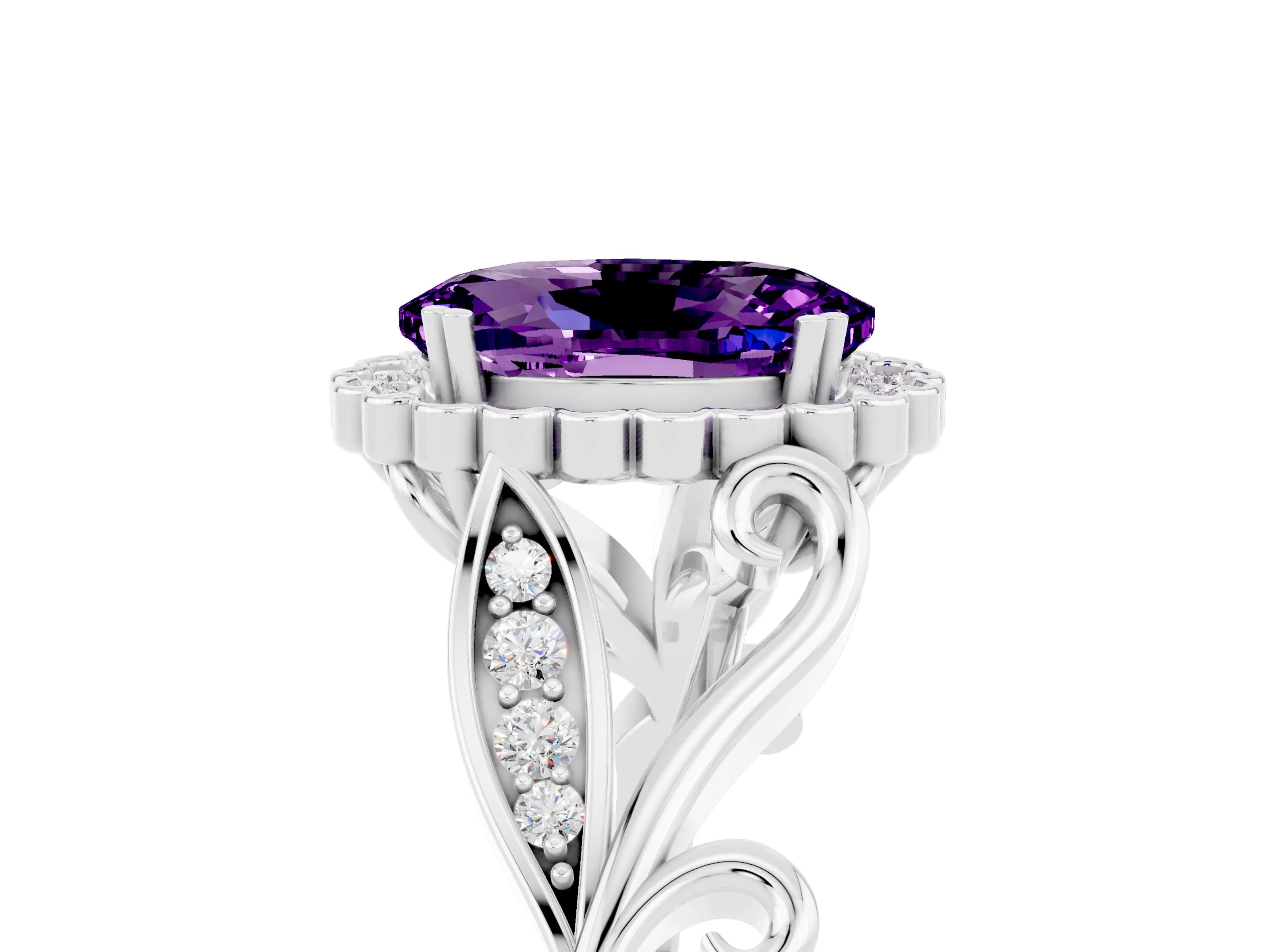 White gold Oval Cut Amethyst Halo Ring with Vintage Split Shank and Four-Prong Setting_29
