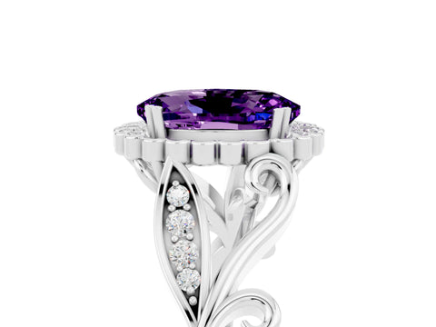 White gold Oval Cut Amethyst Halo Ring with Vintage Split Shank and Four-Prong Setting_29