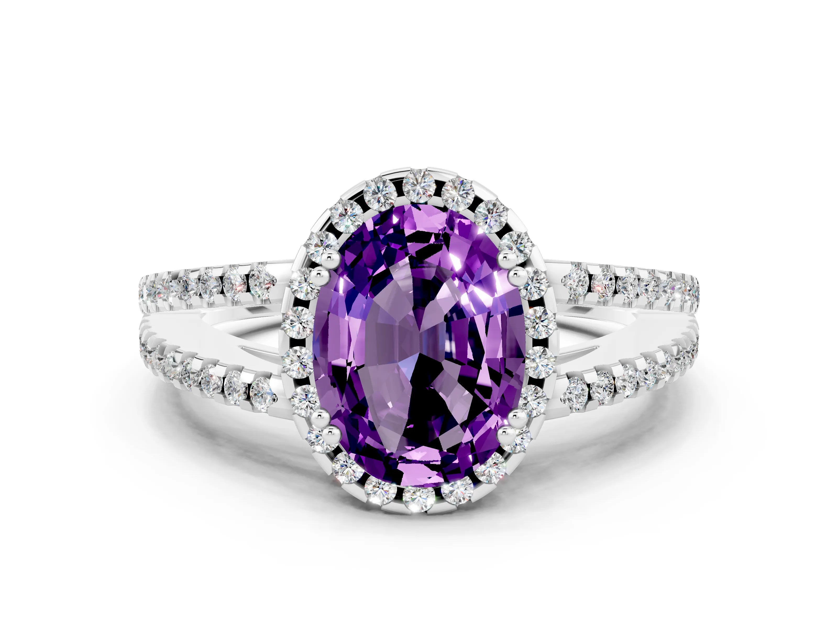 White gold Oval Cut Amethyst Halo Split Shank Engagement Ring_12