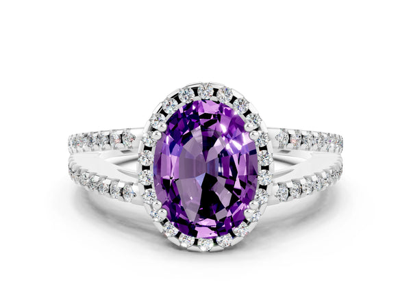 White gold Oval Cut Amethyst Halo Split Shank Engagement Ring