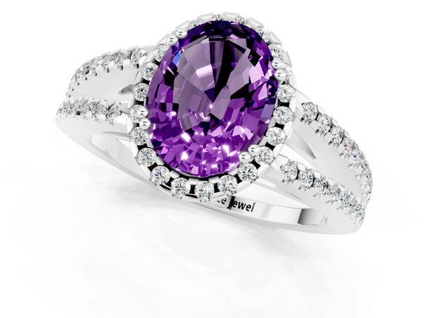 White gold Oval Cut Amethyst Halo Split Shank Engagement Ring