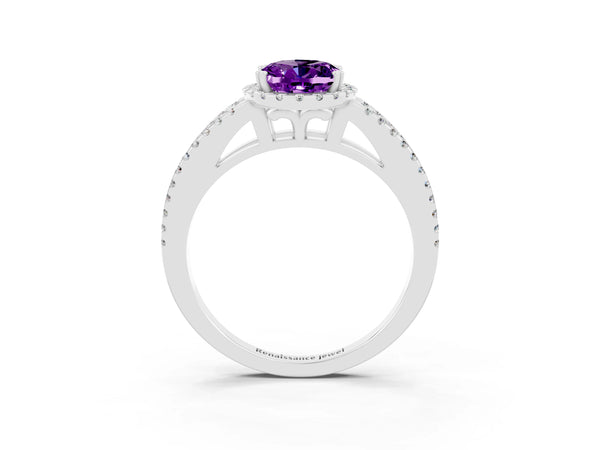 White gold Oval Cut Amethyst Halo Split Shank Engagement Ring