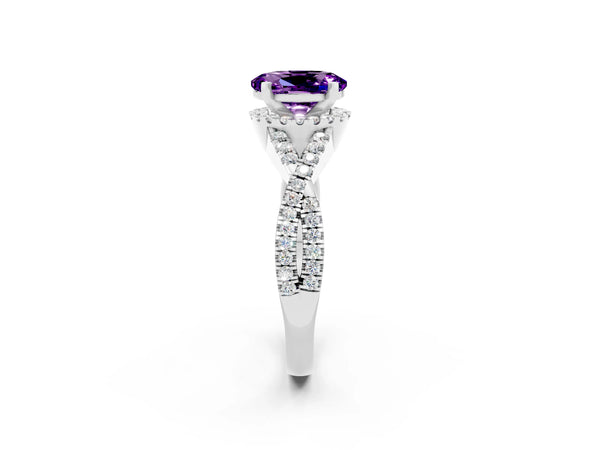 Platinum Oval Cut Amethyst  Halo Twist Band Solitaire Prong Setting Ring
