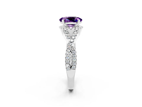 White gold Oval Cut Amethyst Halo Twist Band Solitaire Prong Setting Ring_2
