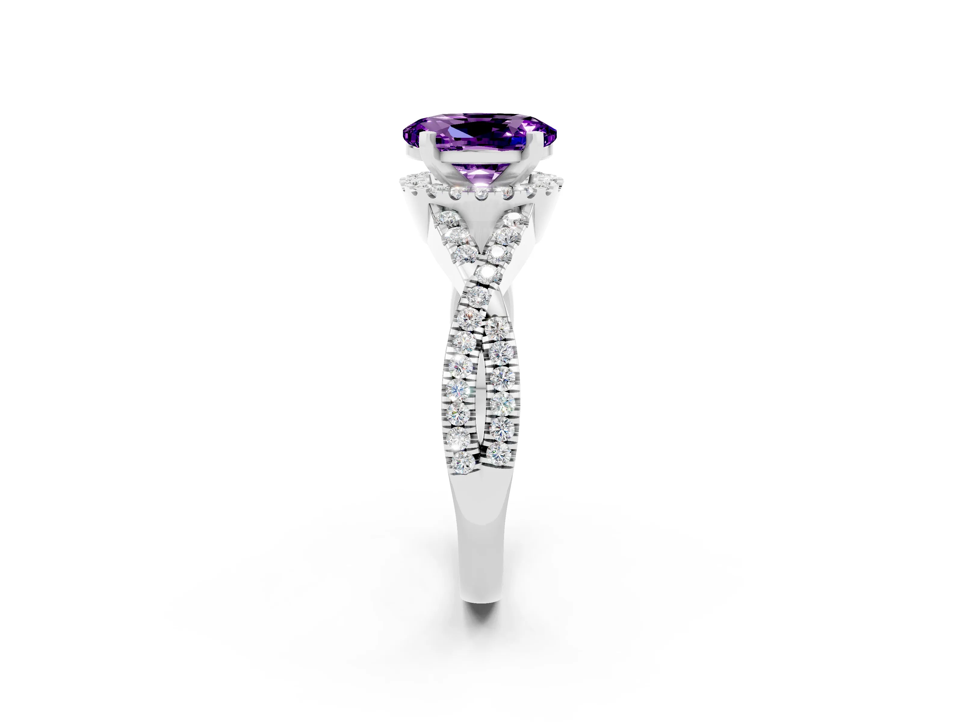 White gold Oval Cut Amethyst Halo Twist Band Solitaire Prong Setting Ring_2