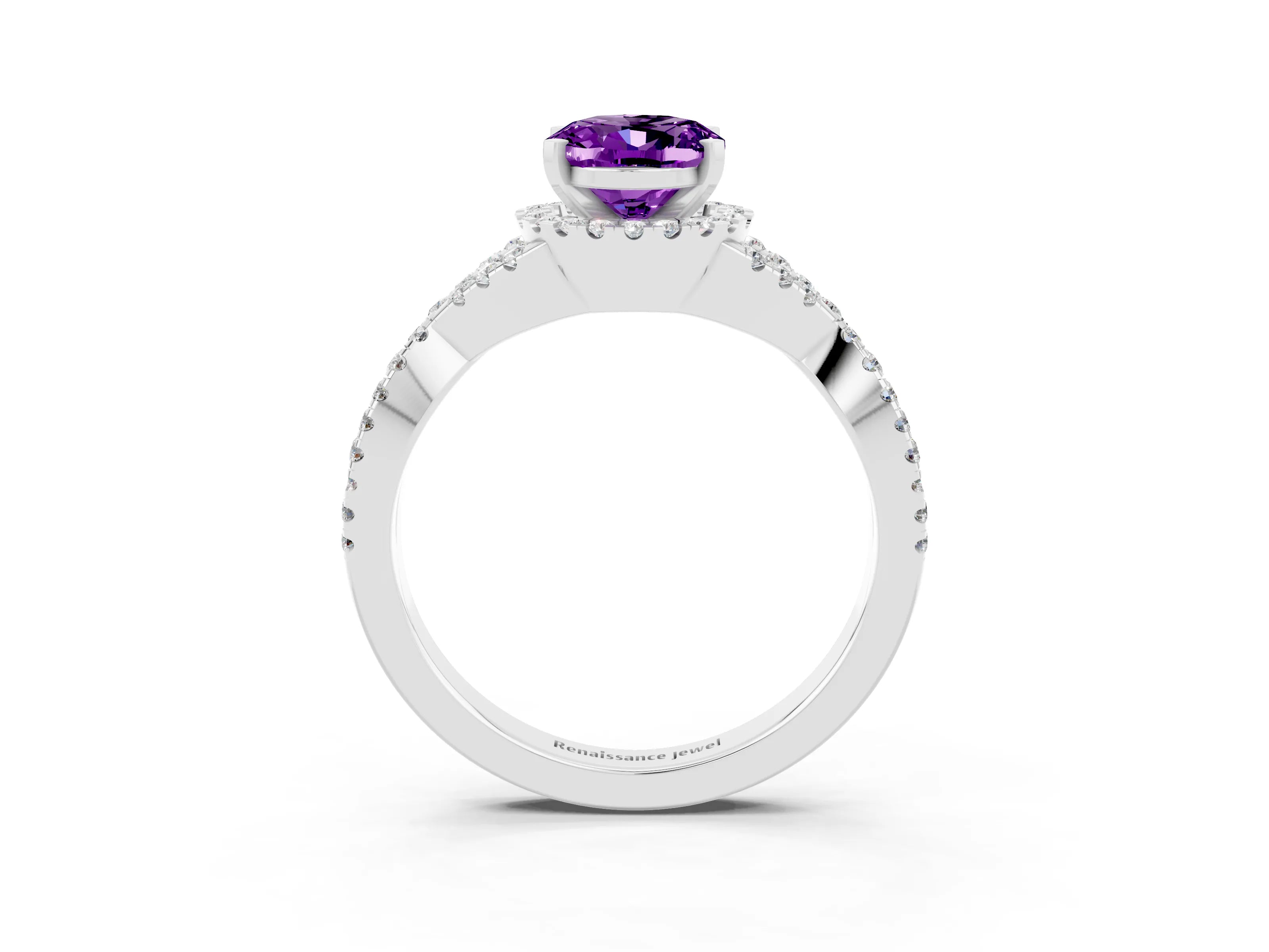 White gold Oval Cut Amethyst Halo Twist Band Solitaire Prong Setting Ring_3