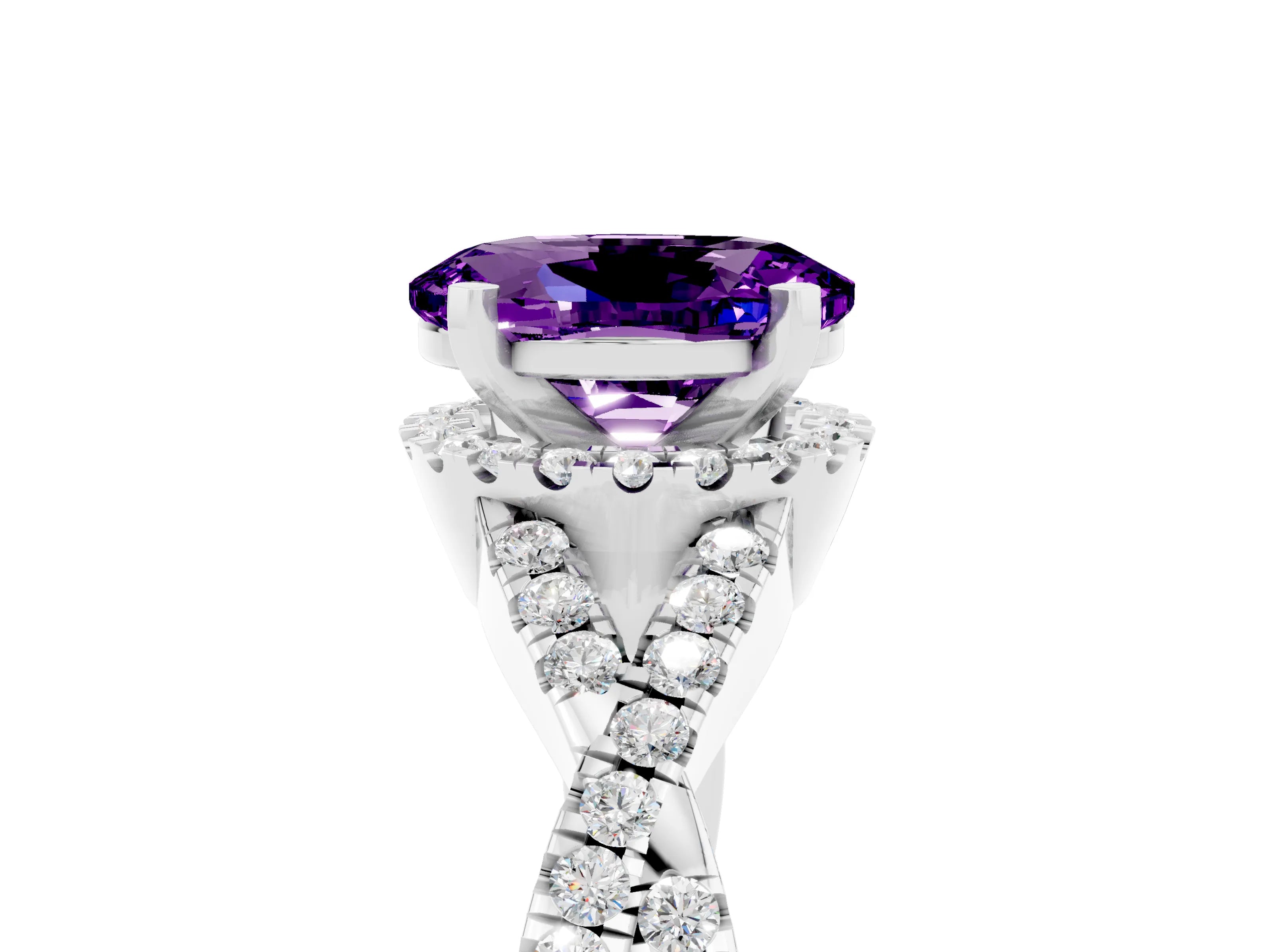 White gold Oval Cut Amethyst Halo Twist Band Solitaire Prong Setting Ring_5