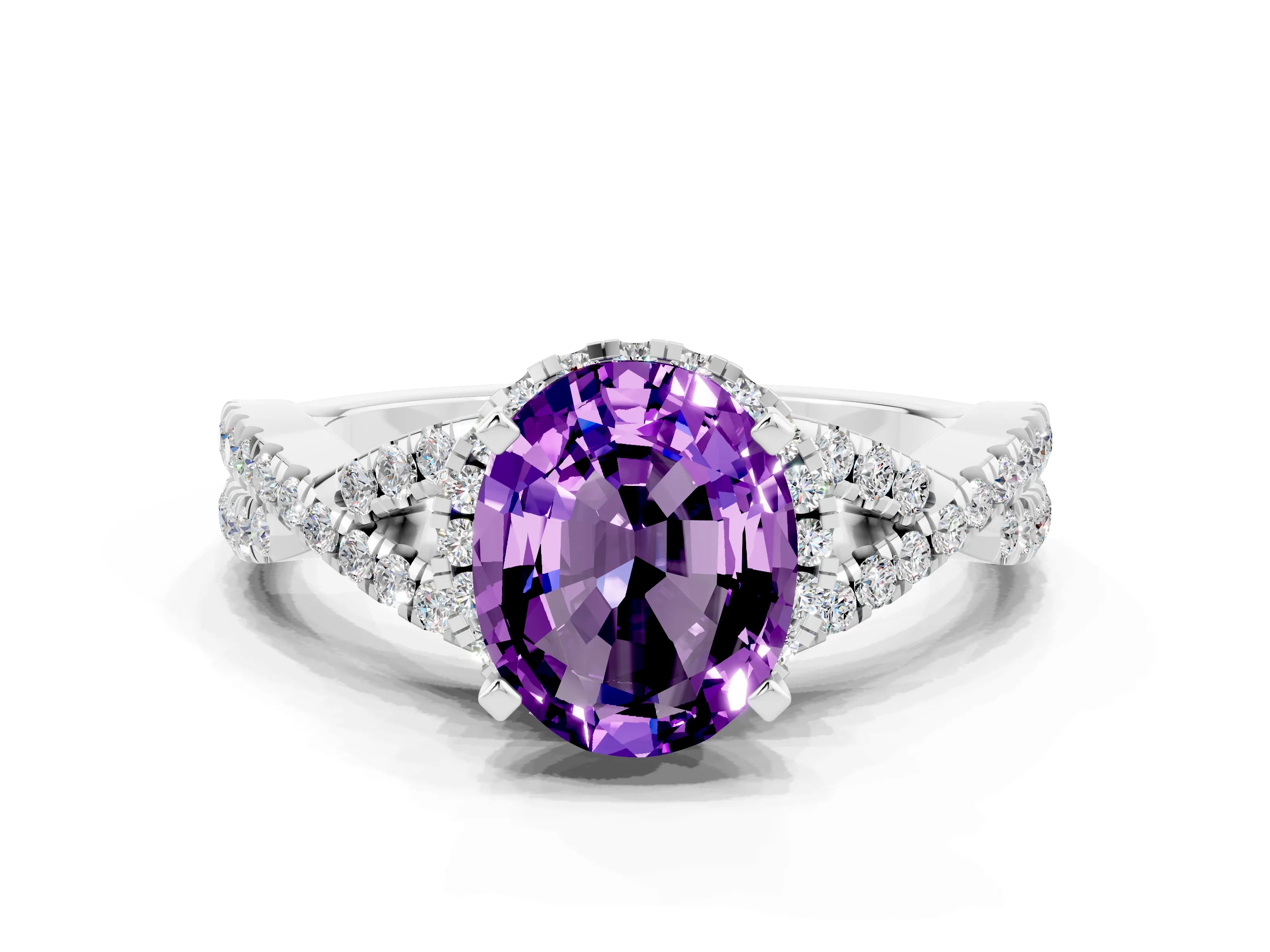 White gold Oval Cut Amethyst Halo Twist Band Solitaire Prong Setting Ring