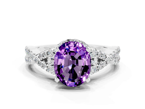 White gold Oval Cut Amethyst Halo Twist Band Solitaire Prong Setting Ring