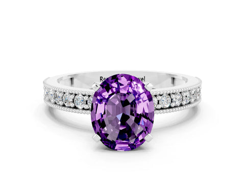 White gold Oval Cut Amethyst Milgrain Pavé Engagement Ring with Four-Prong Setting_12