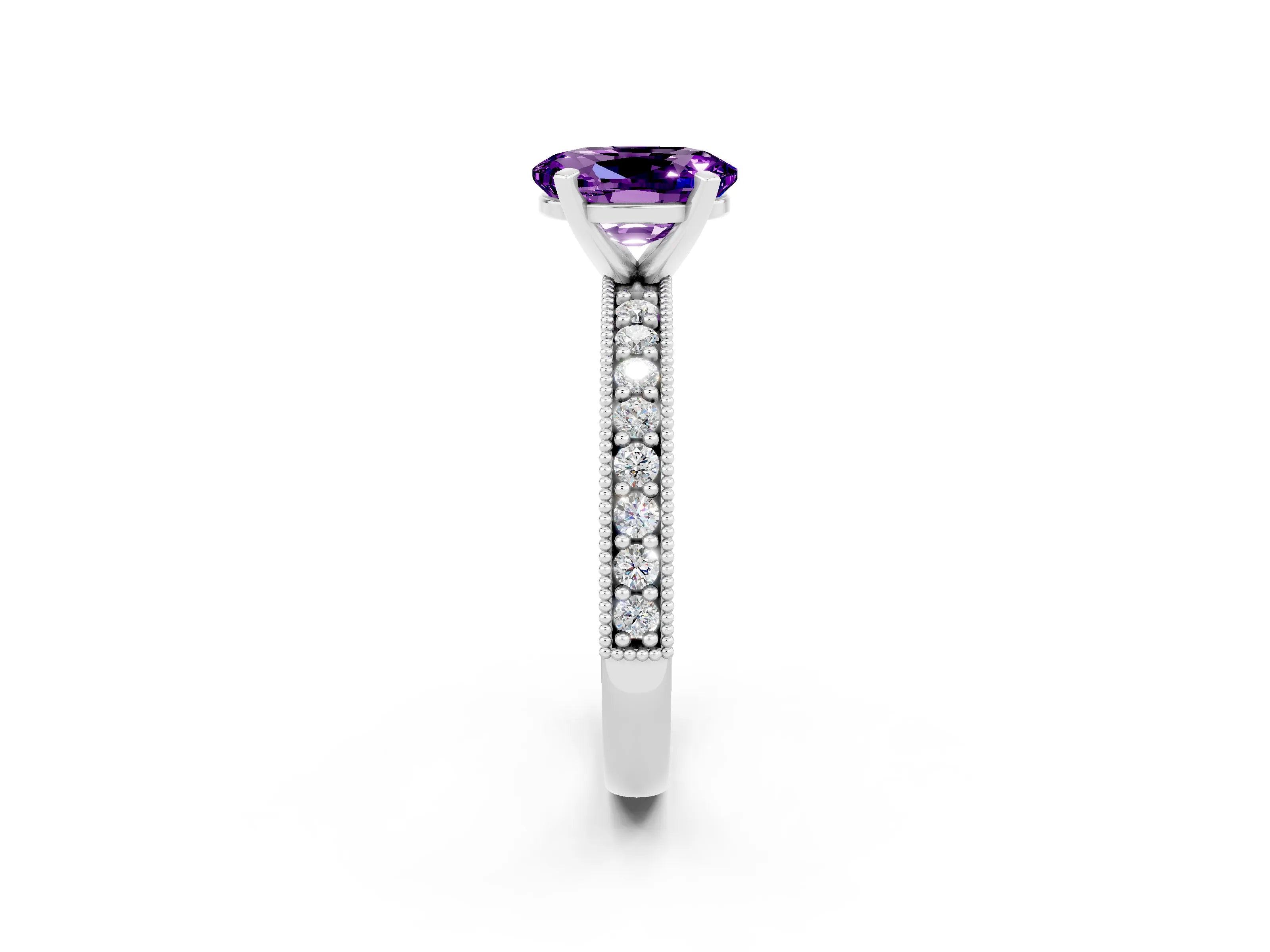 White gold Oval Cut Amethyst Milgrain Pavé Engagement Ring with Four-Prong Setting_14
