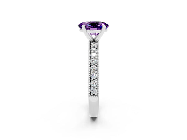 Platinum Oval Cut Amethyst Milgrain Pavé Engagement Ring with Four-Prong Setting