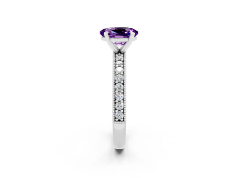 White gold Oval Cut Amethyst Milgrain Pavé Engagement Ring with Four-Prong Setting_14