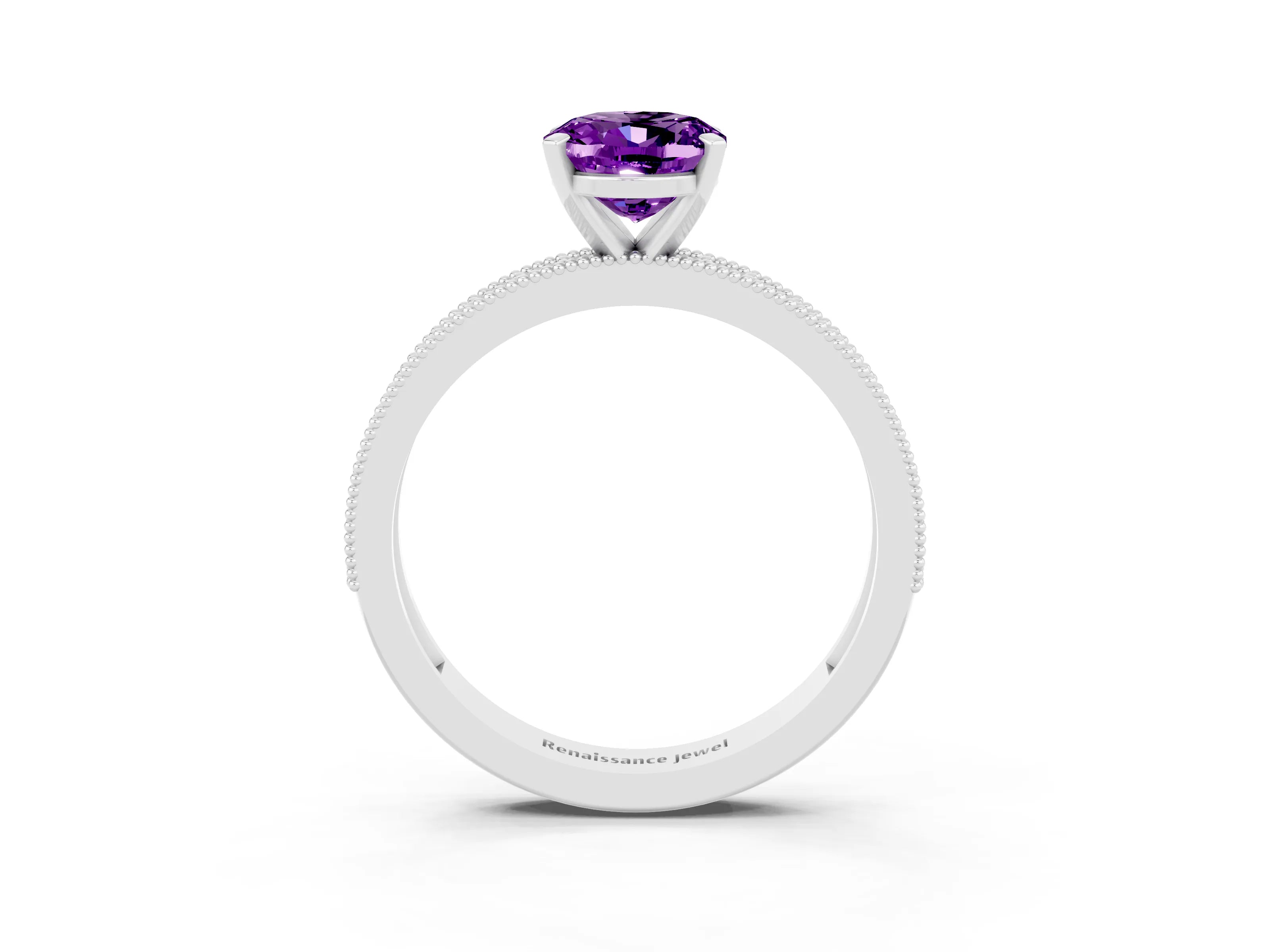 White gold Oval Cut Amethyst Milgrain Pavé Engagement Ring with Four-Prong Setting_15