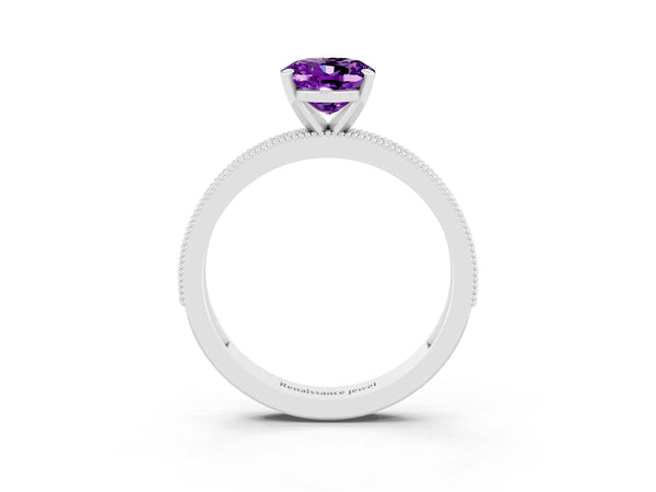 Platinum Oval Cut Amethyst Milgrain Pavé Engagement Ring with Four-Prong Setting