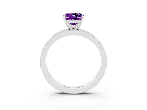 White gold Oval Cut Amethyst Milgrain Pavé Engagement Ring with Four-Prong Setting_15