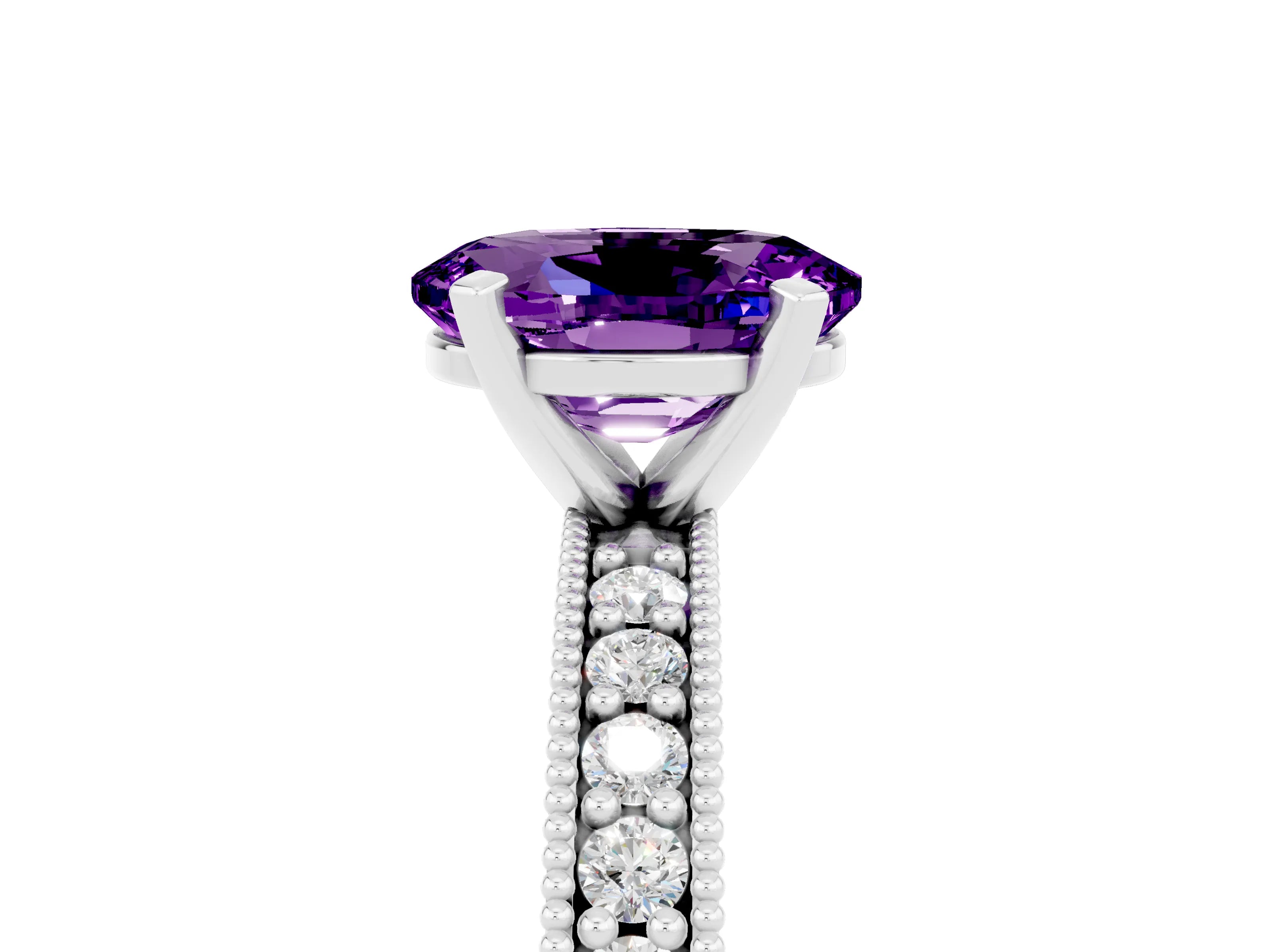White gold Oval Cut Amethyst Milgrain Pavé Engagement Ring with Four-Prong Setting_17