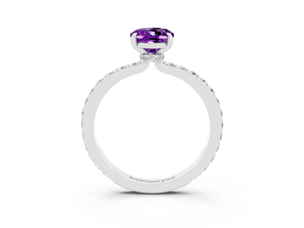 Silver Oval Cut Amethyst Pavé Engagement Ring with Round  Accents and Prong Setting