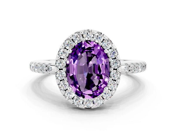Platinum Oval Cut Amethyst Pavé Halo Ring with Four-Prong Setting