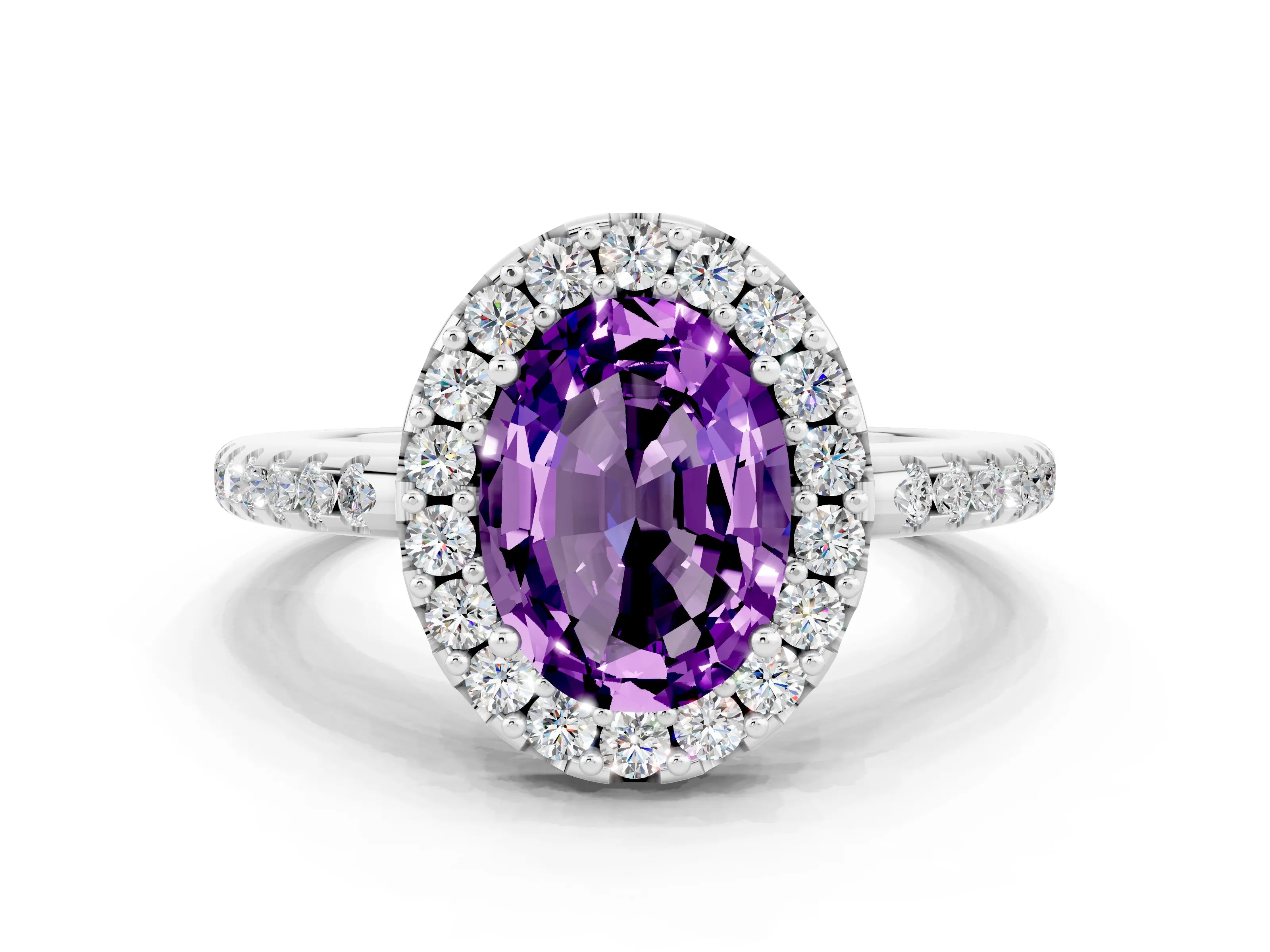 White gold Oval Cut Amethyst Pavé Halo Ring with Four-Prong Setting_12