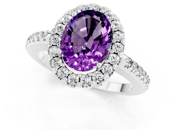 Platinum Oval Cut Amethyst Pavé Halo Ring with Four-Prong Setting