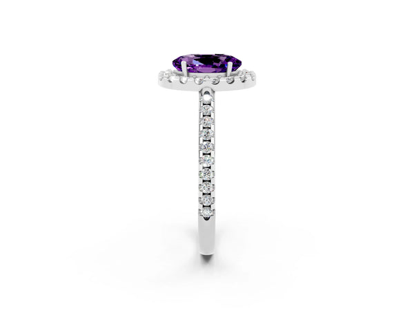 White gold Oval Cut Amethyst Pavé Halo Ring with Four-Prong Setting