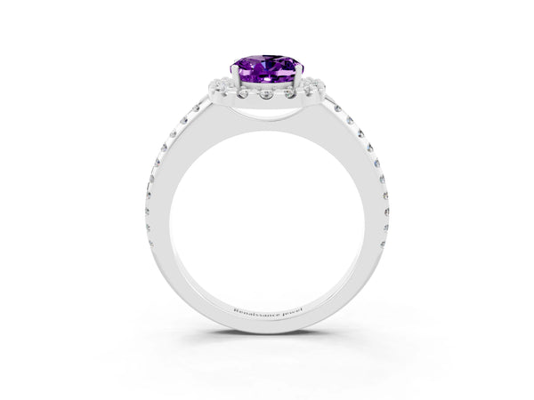 Platinum Oval Cut Amethyst Pavé Halo Ring with Four-Prong Setting