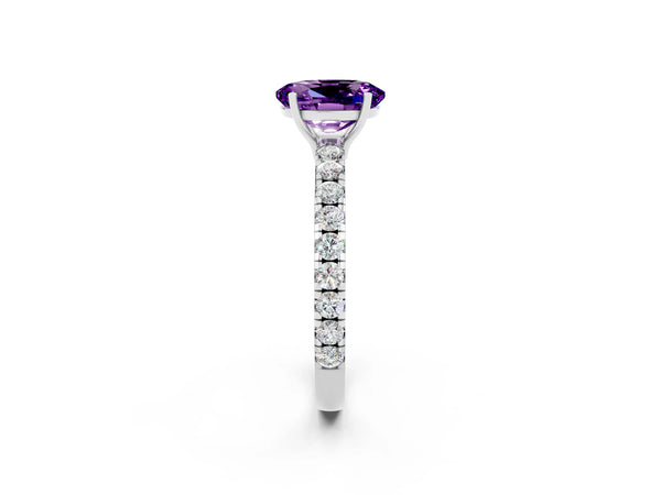 Silver Oval Cut Amethyst Pavé Solitaire Engagement Ring with Four-Prong Setting