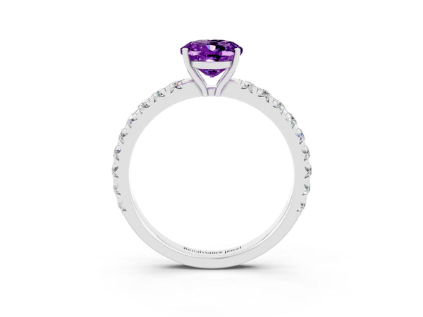 Silver Oval Cut Amethyst Pavé Solitaire Engagement Ring with Four-Prong Setting