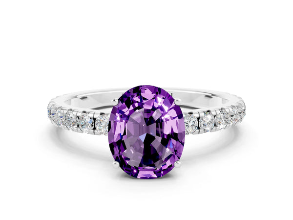 Platinum Oval Cut Amethyst Pavé Solitaire Engagement Ring with Four-Prong Setting