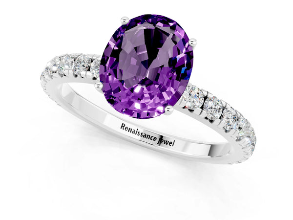 Platinum Oval Cut Amethyst Pavé Solitaire Engagement Ring with Four-Prong Setting