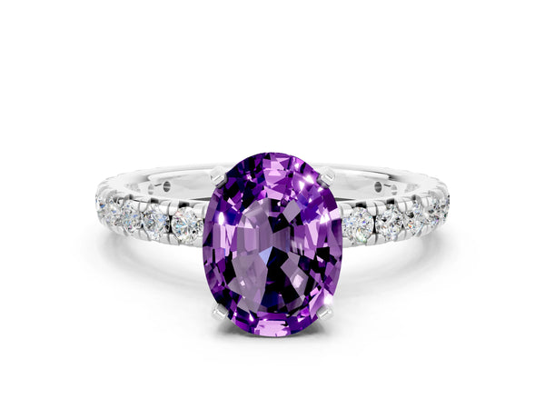 Silver Oval Cut Amethyst Pavé Solitaire Ring with Round Band and Prong Setting