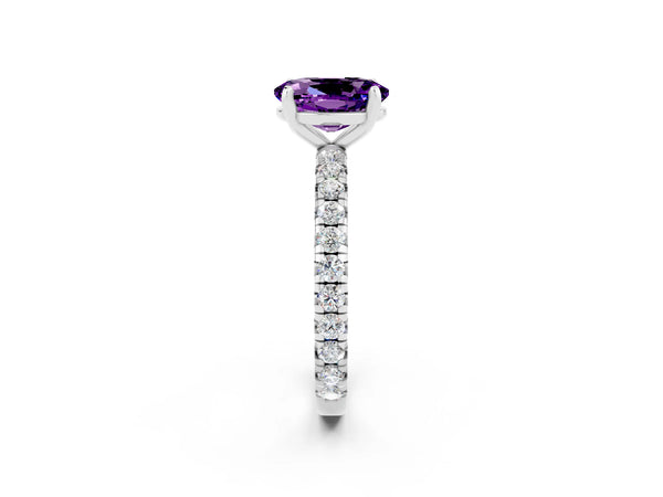 Platinum Oval Cut Amethyst Pavé Solitaire Ring with Round Band and Prong Setting