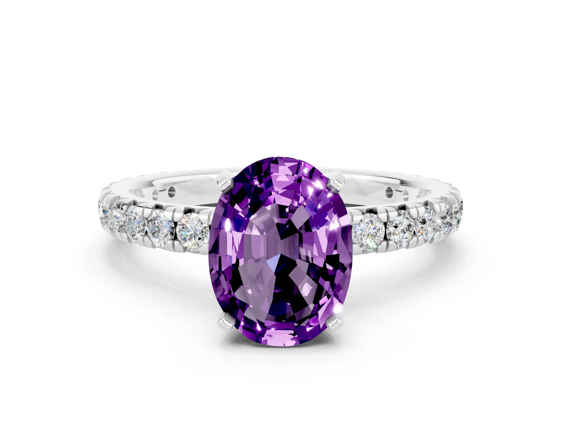 White gold Oval Cut Amethyst Pavé Solitaire Ring with Round Band and Prong Setting_36