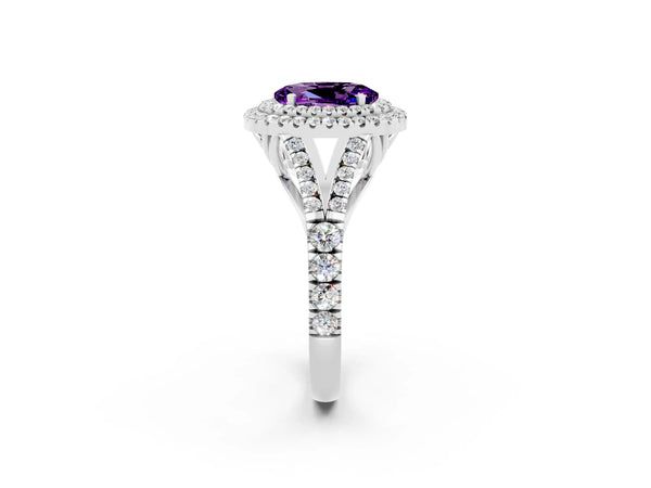 Platinum Oval Cut Amethyst Pavé Split Shank Double Halo Engagement Ring