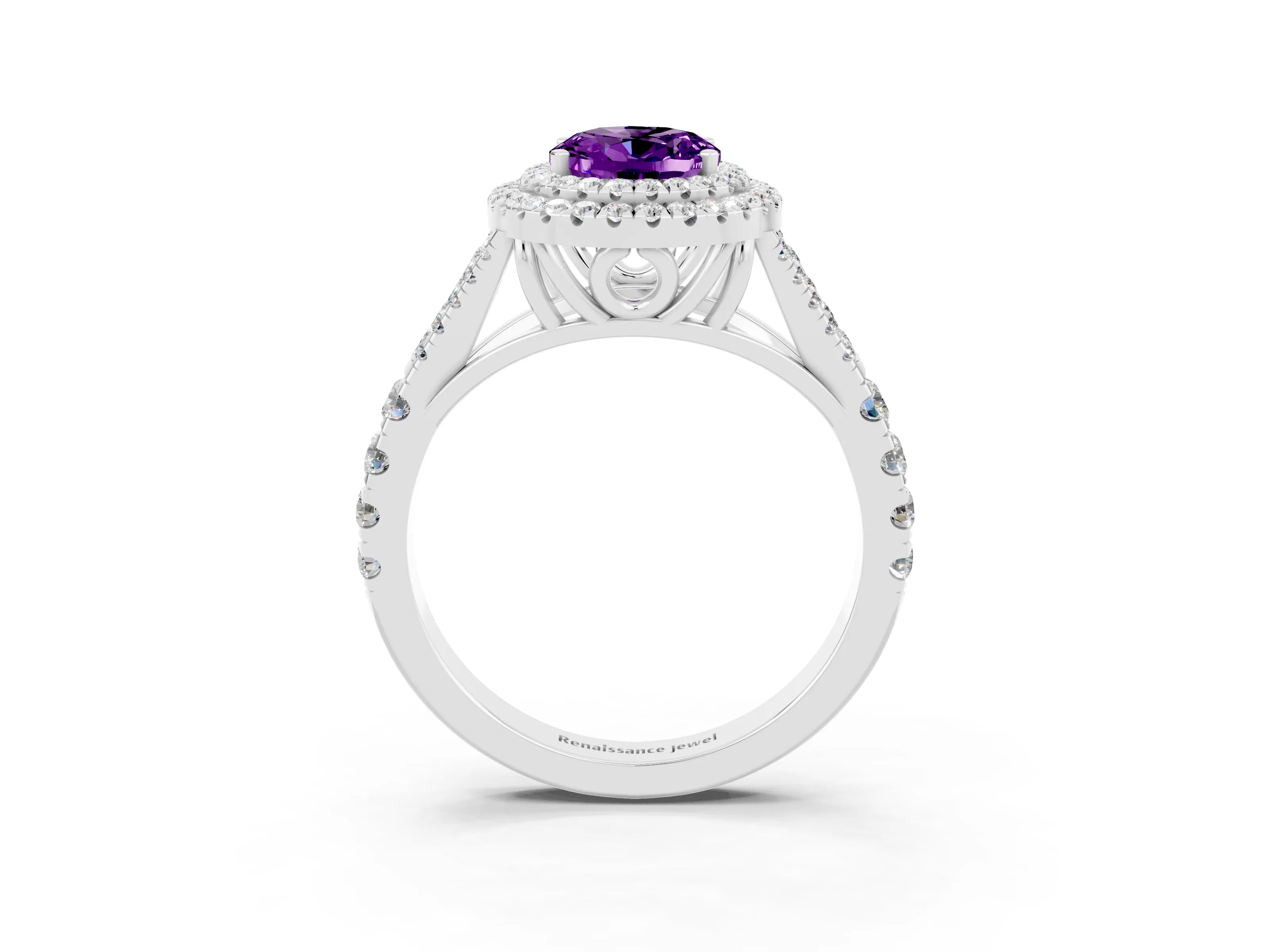 White gold Oval Cut Amethyst Pavé Split Shank Double Halo Engagement Ring_3