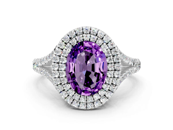 White gold Oval Cut Amethyst Pavé Split Shank Double Halo Engagement Ring