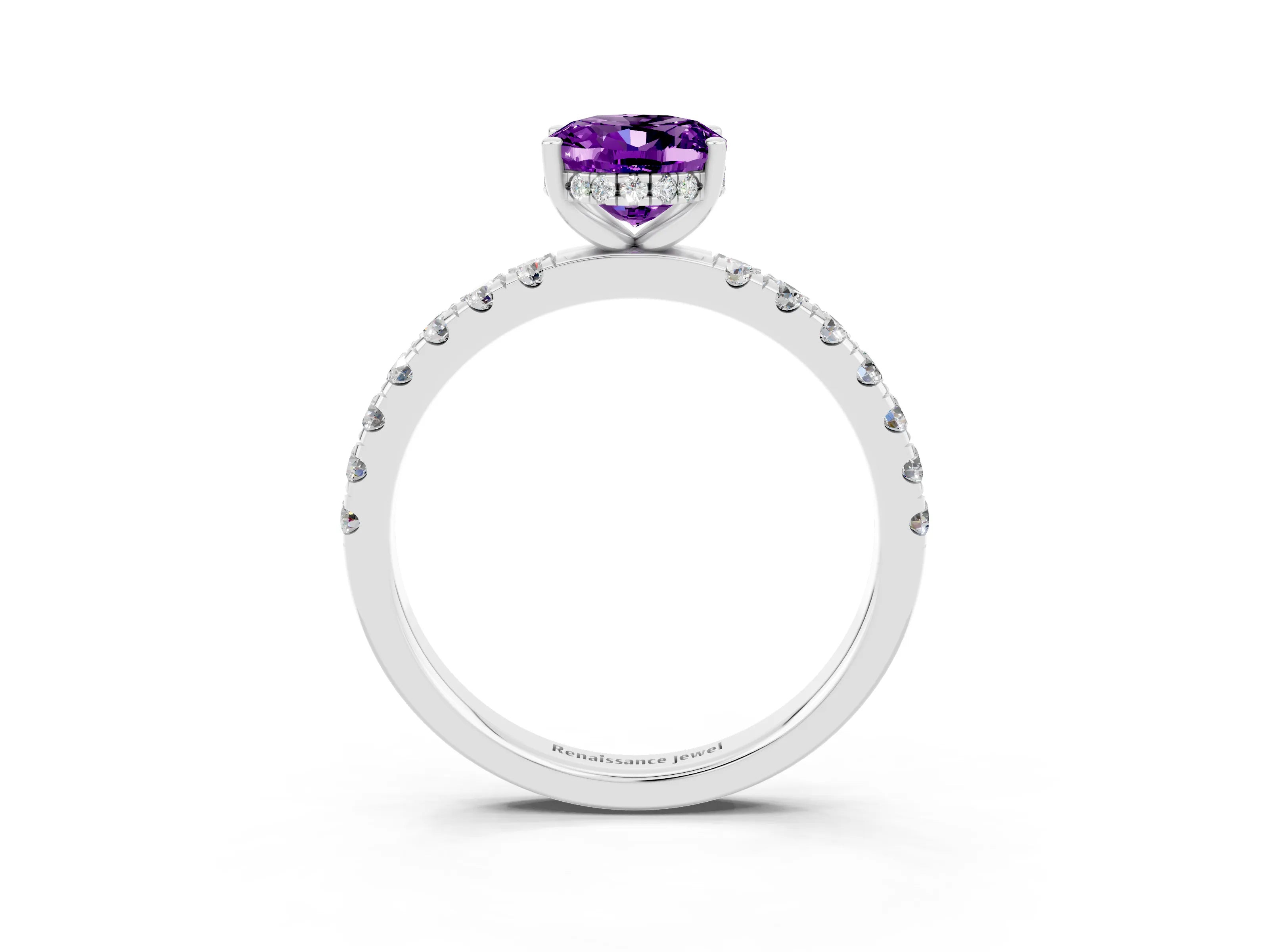 White gold Oval Cut Amethyst Pave Band Solitaire Ring with Four-Prong Setting_15