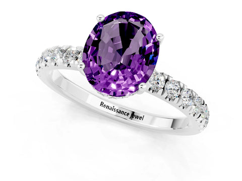 White gold Oval Cut Amethyst Pave Band Solitaire Ring with Four-Prong Setting_25