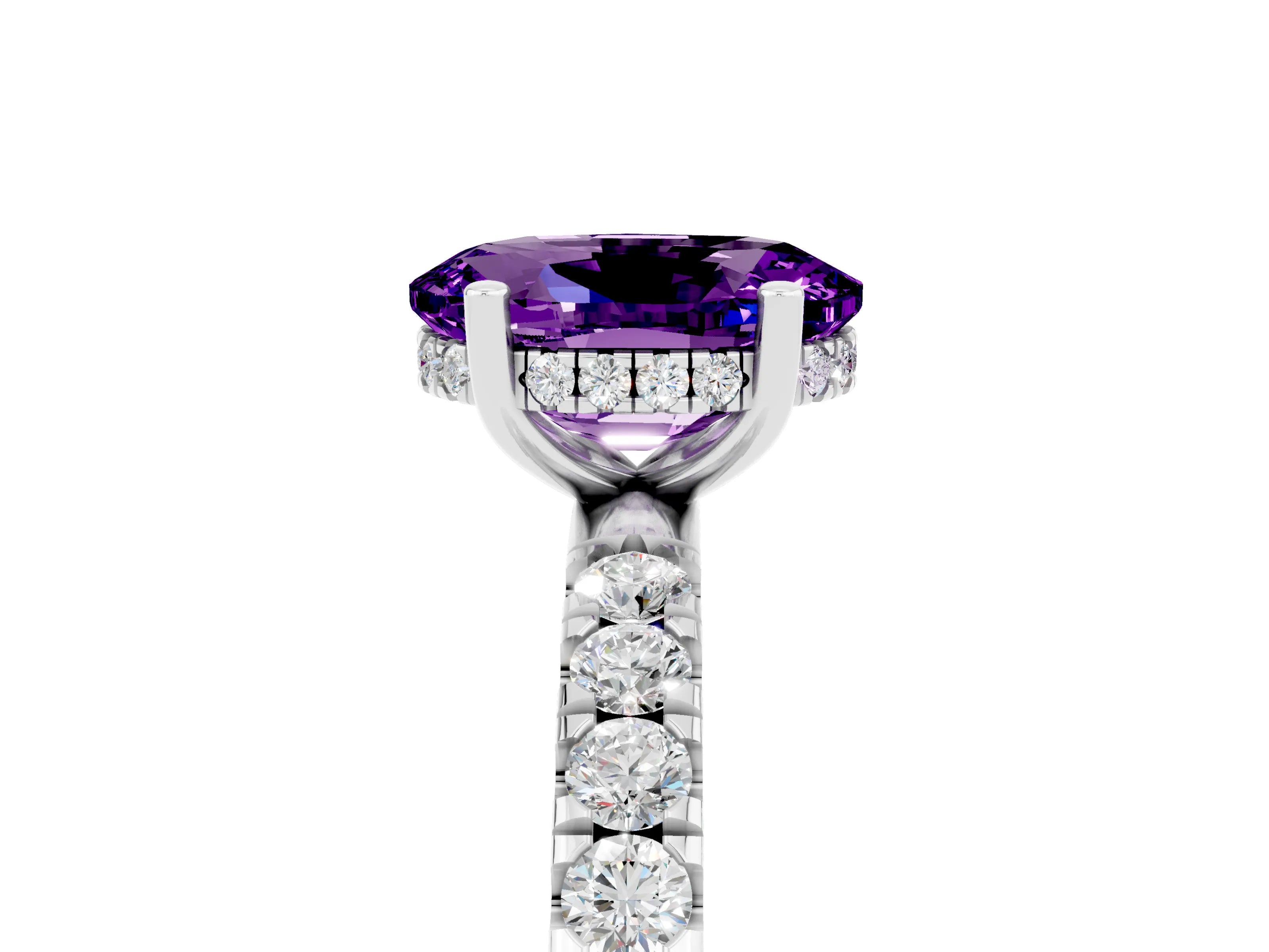 White gold Oval Cut Amethyst Pave Band Solitaire Ring with Four-Prong Setting_29