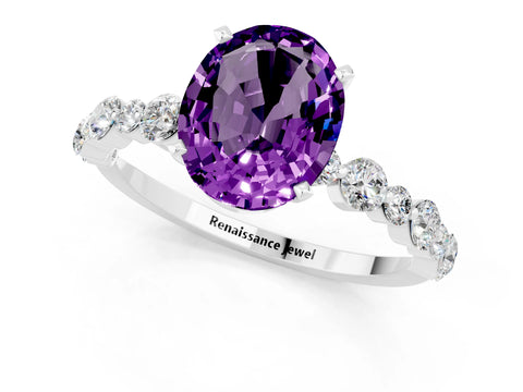 White gold Oval Cut Amethyst Prong Set Engagement Ring with Pavé Band_1
